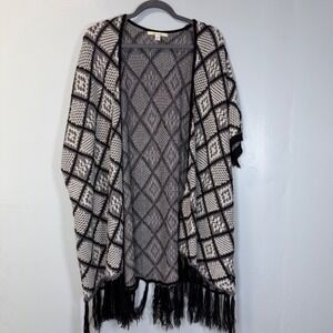 mi ami Black White Diamond Knit Fringe Cardigan Poncho Wrap GK459 SM